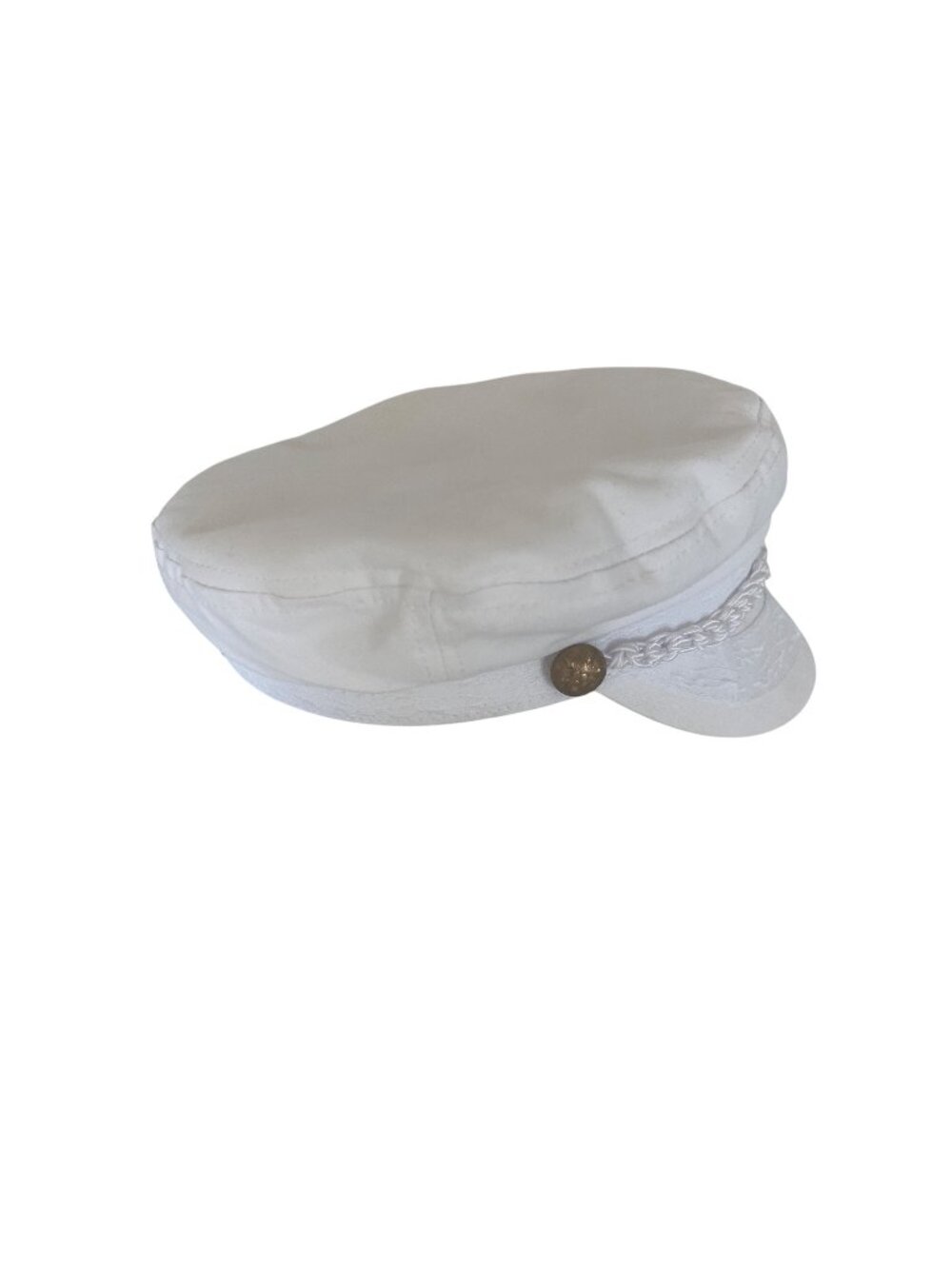 White Cotton Captains Hat With Braided Trim & Gold Button Accent